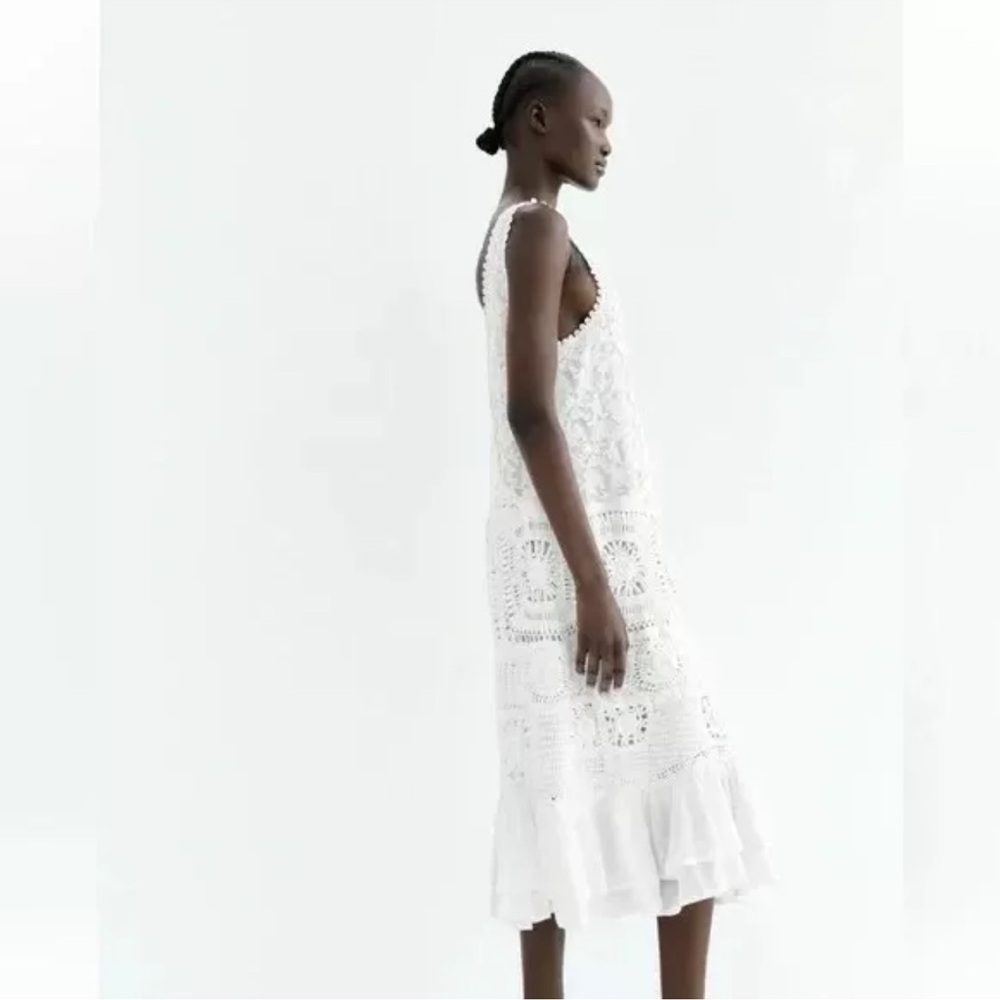 ZARA WHITE CONTRAST CROCHET KNIT MIDI DRESS Ruffled Hem $169 - Picture 8 of 8